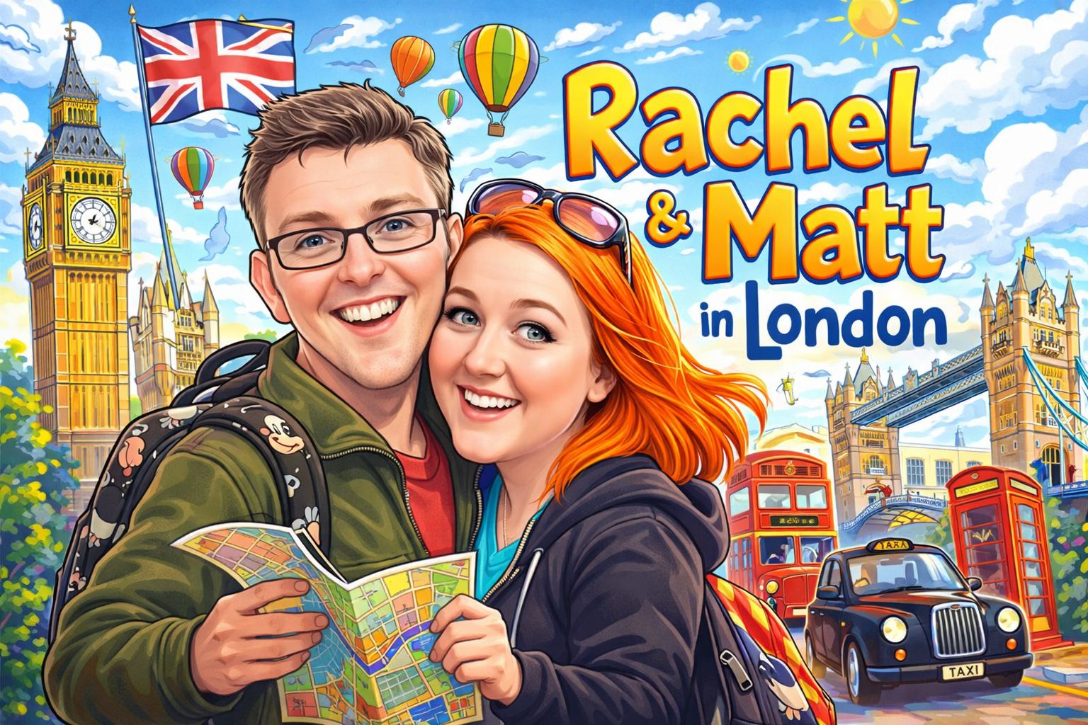 Rachel & Matt in London - cartoon illustration